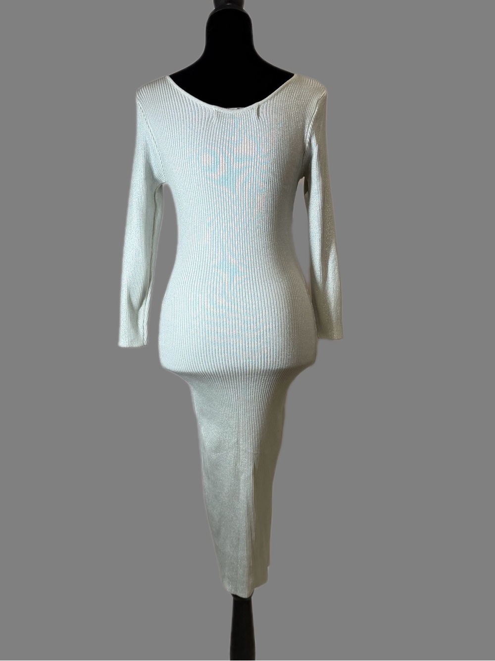Ziegler Silver Ribbed Knit Shimmer Midi Dress Long Sleeve Bodycon S - Picture 6 of 8